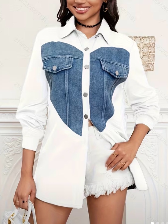 Tops - Size Medium Denim Patchwork heart - White Button-Up Shirt with Denim Heart top